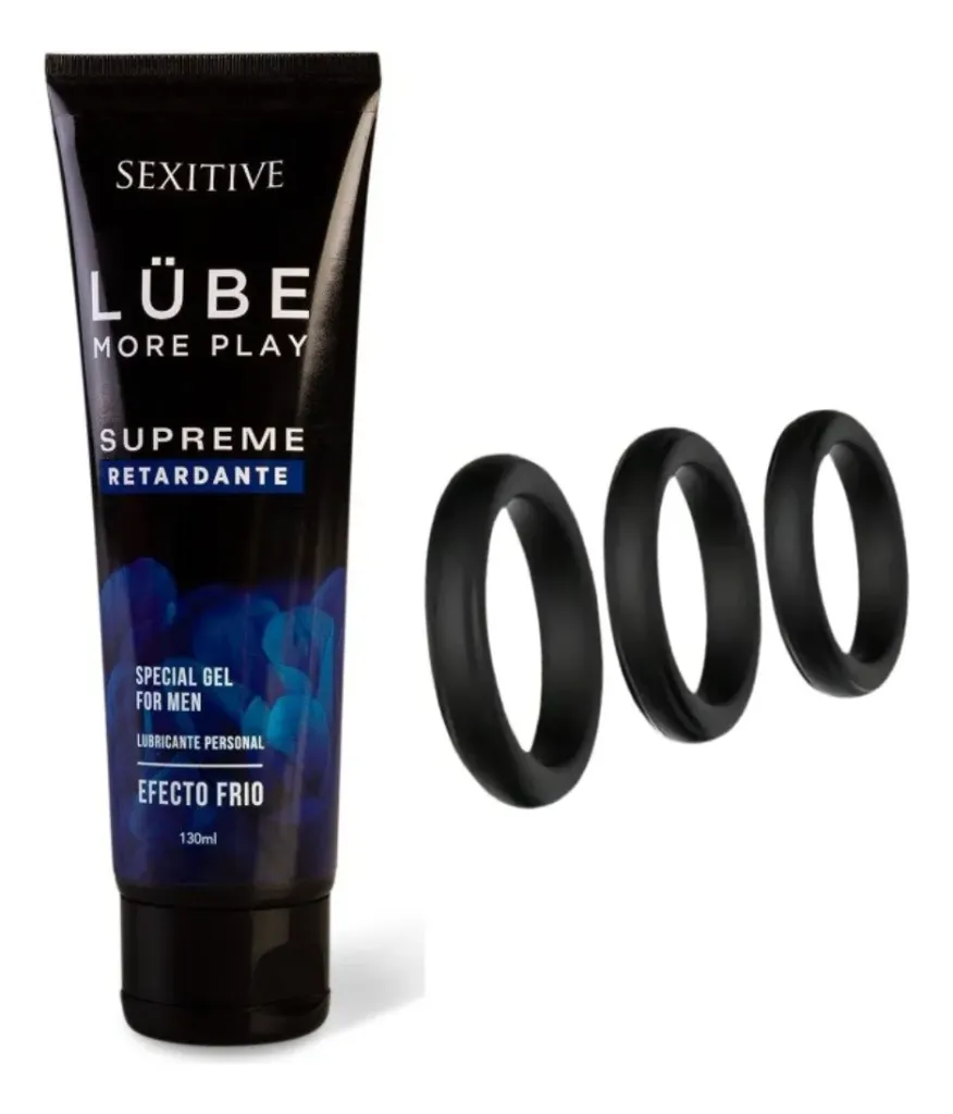 Combo Set 3 anillos p/pene + Gel Lube Supreme Retardante 130ml